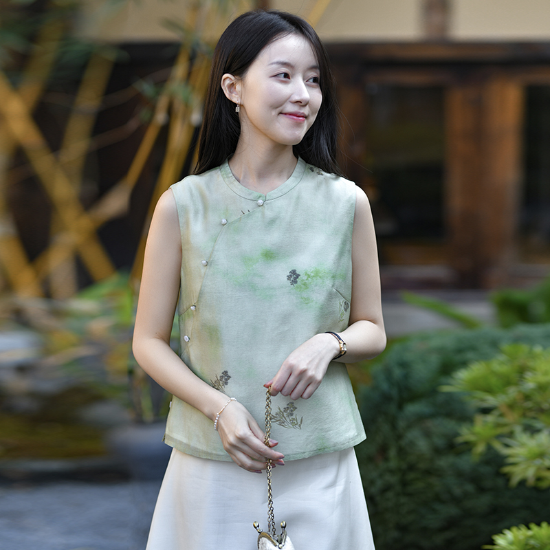 25CXA-225【杨柳岸】前世今生复古新中式婉约印花无袖衬衫