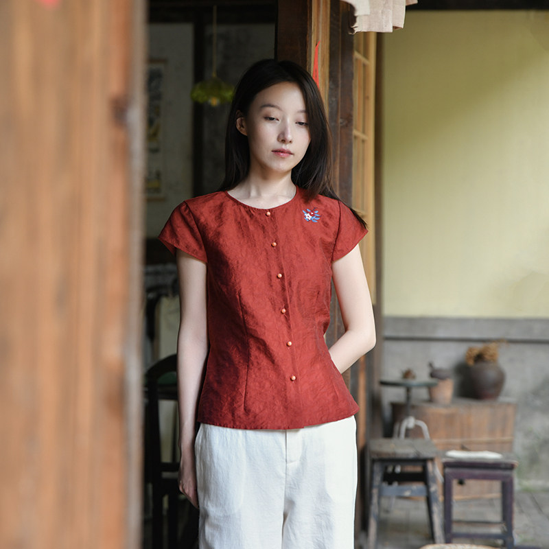 25CXA-299【晚花】前世今生淑女文艺圆领短袖绣花单排扣衬衫