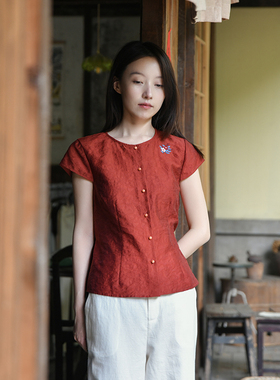 25CXA-299【晚花】前世今生淑女文艺圆领短袖绣花单排扣衬衫