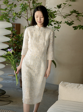 23CXC-059【月动水痕】前世今生复古温婉轻中式立领印花修身旗袍