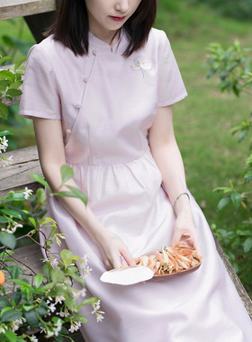23CXC-289【玉颜秀荷】前世今生复古温婉文艺轻中式立领X型连衣裙