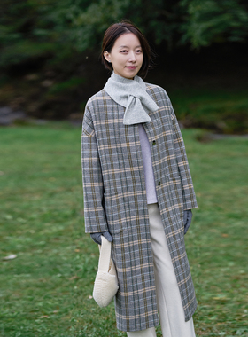 25QDA-303【淡淡云】前世今生复古优雅文艺长款格子毛呢大衣