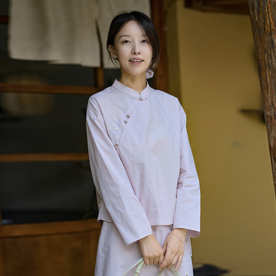 轻中式立领落肩袖绣花衬衫