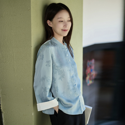 轻中式立领直门襟大袖口衬衫
