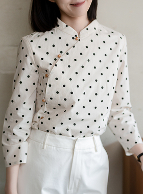 23CXA-045【芳林燕语】前世今生复古轻中式斜襟立领波点衬衫