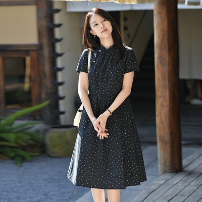 新中式立领斜襟印花连衣裙
