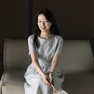 短袖 25CXC 前世今生温婉文艺一字领修身 246 连衣裙 静雨蒙蒙