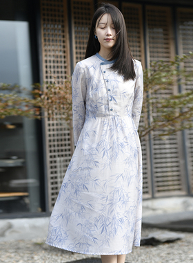 25CXC-093【春晴】前世今生复古文艺紫色竹叶印花偏门襟连衣裙