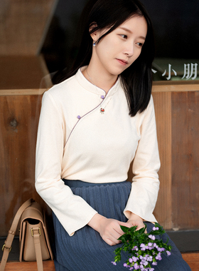 20QDA-224【扶闲】前世今生复古温婉文艺斜襟立领修身针织T恤