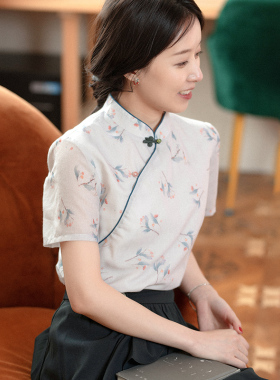 21CXA-113【花枝静】前世今生复古轻中式斜襟立领花色短袖衬衫