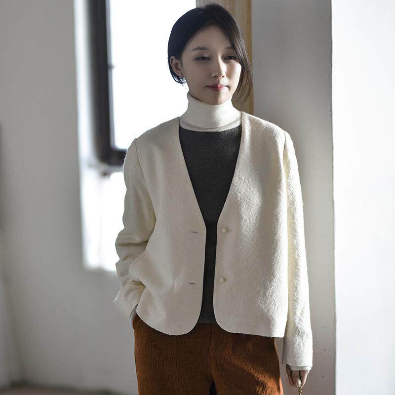 8-24QDA-149【白云闲】前世今生复古简约文艺V领提花短外套