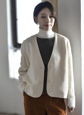 8-24QDA-149【白云闲】前世今生复古简约文艺V领提花短外套