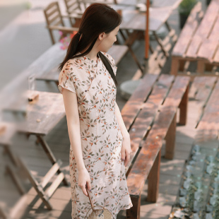 22CXC 书之岁华 前世今生复古轻中式 立领苎麻印花旗袍 287