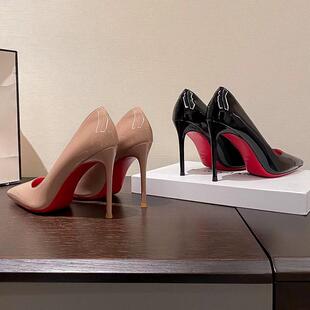 10CM 通勤尖头浅口气质性感细跟单鞋 品牌红底高跟鞋 女漆皮2025新款