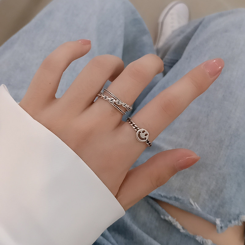 SMILEY RING WOMENS INS TIDE VINTAGE THAI SILVER DISTRESSED OPENING COLD WIND DESIGN SENSE NICHE INDEX FINGER RING
