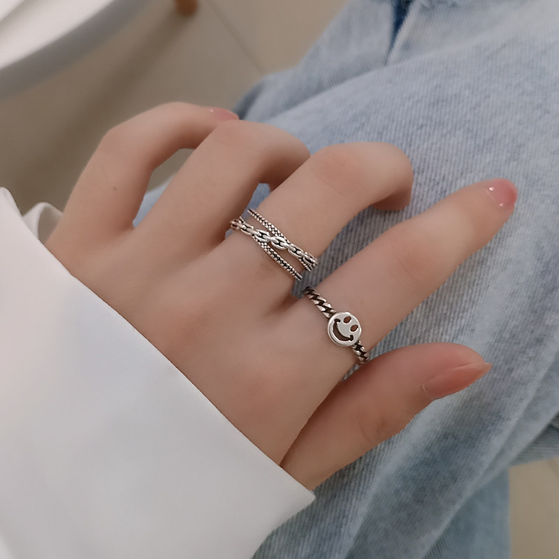 SMILEY RING WOMENS INS TIDE VINTAGE THAI SILVER DISTRESSED OPENING COLD WIND DESIGN SENSE NICHE INDEX FINGER RING