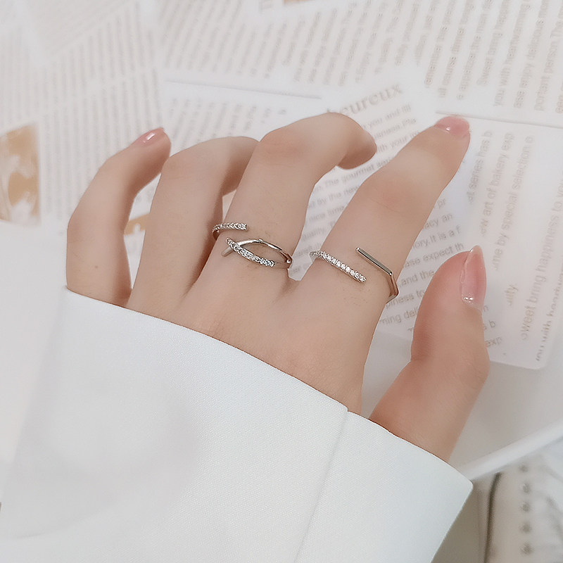 FLASH DIAMOND CROSS GEOMETRIC OPENING RING JAPANESE LIGHT LUXURY DESIGN NICHE PERSONALITY FEMALE COLD WIND INDEX FINGER