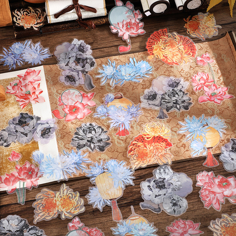 infeel步步生花pet贴纸包  国风花朵莲花昙花手账装饰透明贴画