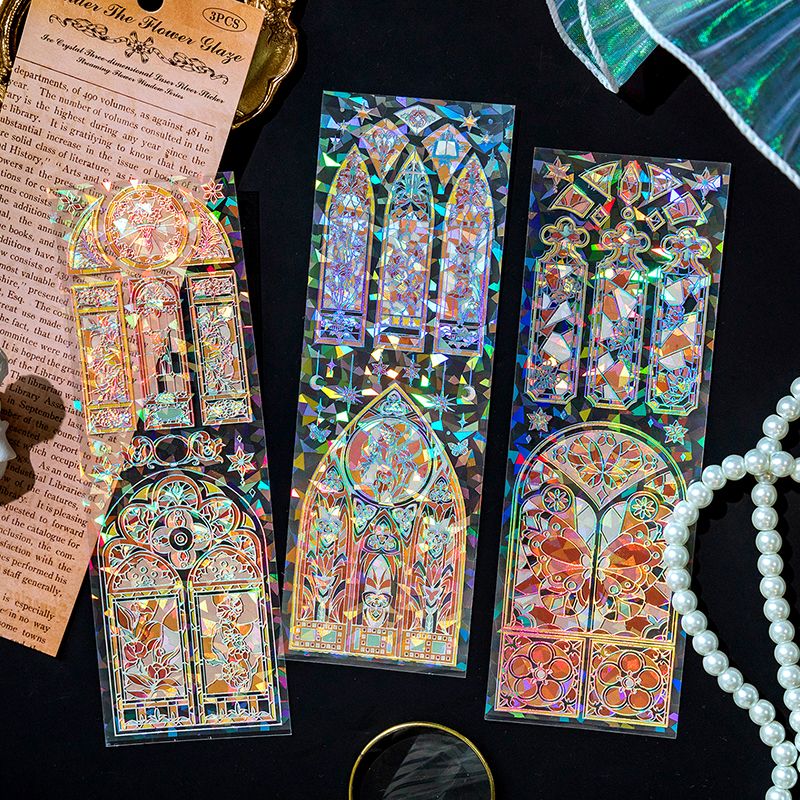陌墨流光花窗 PET长条贴纸  立体烫金贝壳光古典建筑手账拼贴素材