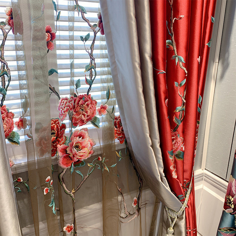 中式大红色绣花窗帘喜庆结婚用仿真丝绸缎刺绣窗纱客厅卧室高档帘
