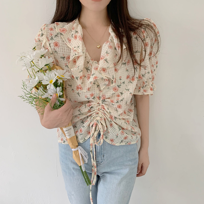 Real price real price real price Ruffle V-neck floral shirt design feeling drawstring lace up bubble sleeve age reducing top