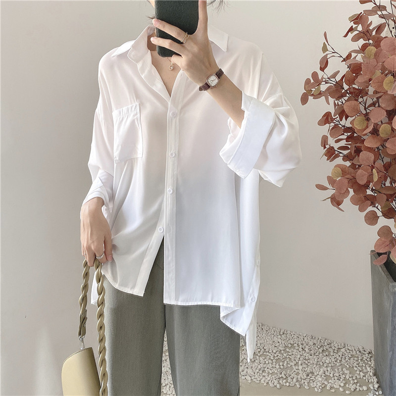 Real price white shirt design pure color versatile loose temperament drape Chiffon Long Sleeve Shirt