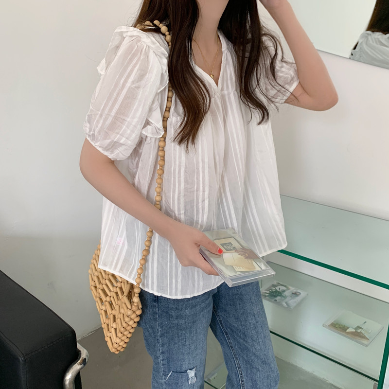 Real price super xiansen V-neck temperament Han Fan versatile short sleeve baby shirt Feifei sleeve top