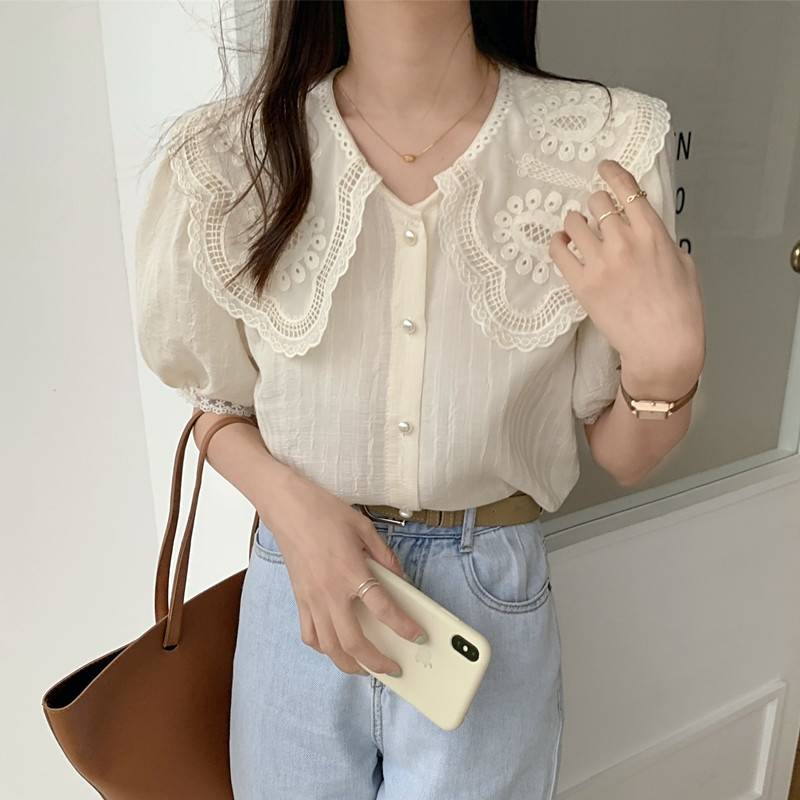 Real price baby collar Short Sleeve Chiffon Top design small lace solid color shirt