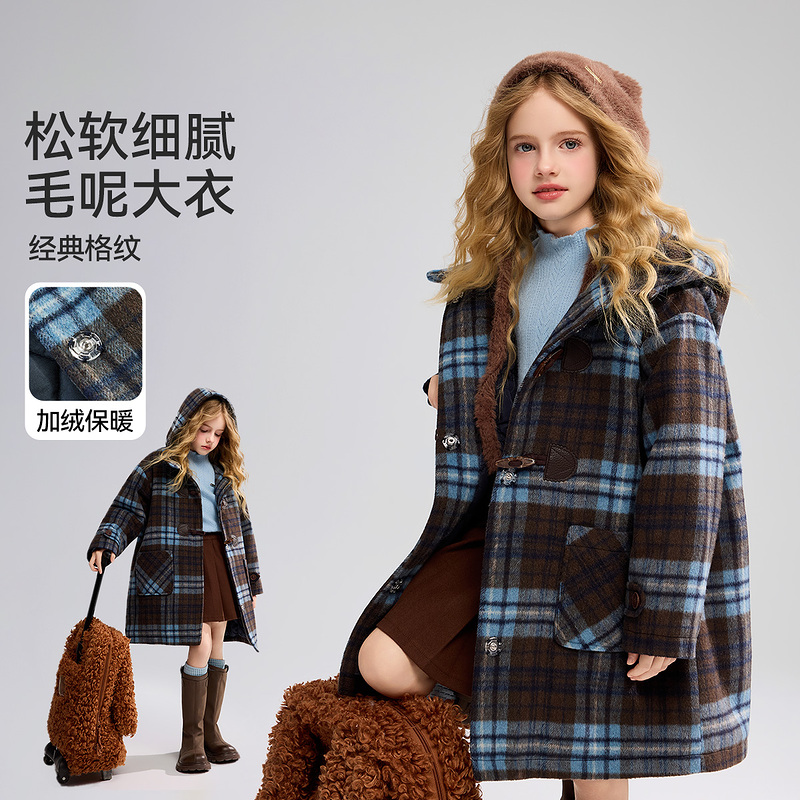 【烈儿宝贝】学院风连帽外套女童格纹撞色毛呢大衣AF5ZWT02178F