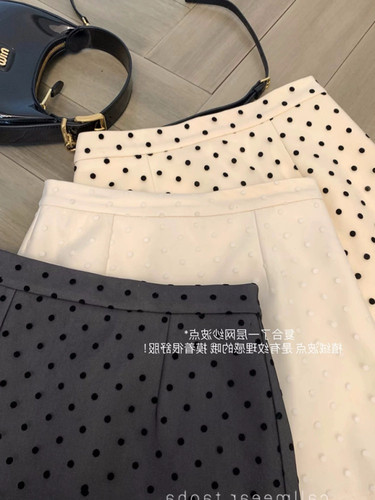 植绒波点高腰半身裙女a字短裙