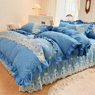 A类全棉床裙四件套夹棉可拆卸床罩100纯棉冬加厚被套被罩全包床笠