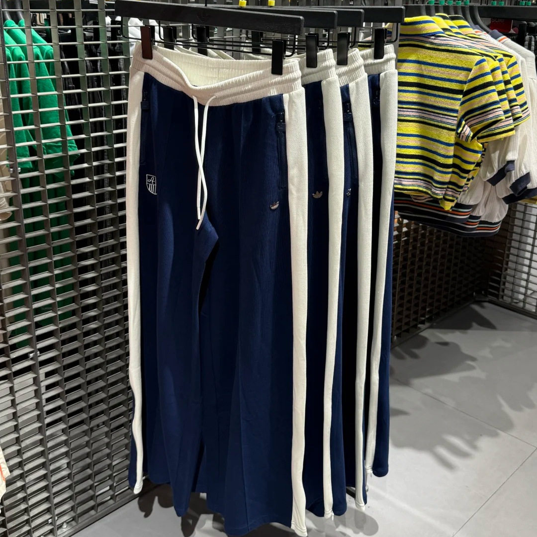Adidas三叶草25年春女子宽松运动蓝白阔腿裤休闲拼色长裤 JM8020