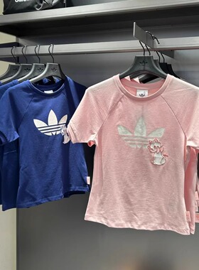 Adidas三叶草女子玛丽猫联名蝴蝶结修身圆领短袖T恤KC3096 KC3097