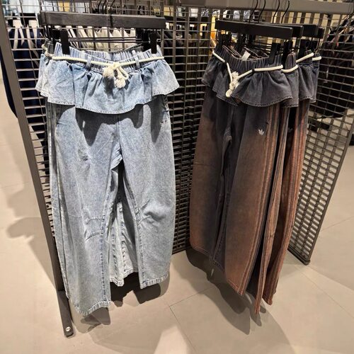 Adidas三叶草26年夏季女子花边腰休闲裤运动牛仔长裤KS0624KT3051