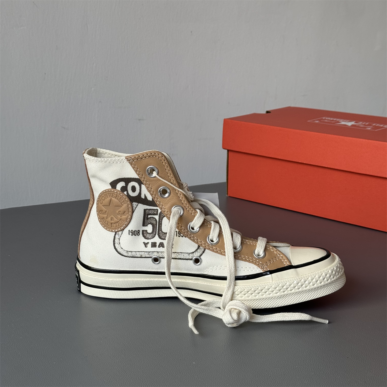 匡威CONVERSE 1970S拼接字母印花卡其米黄高帮运动帆布鞋A07122c