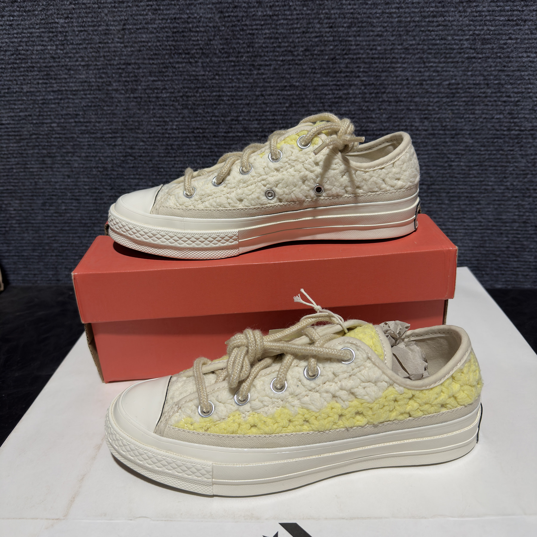 正品converse匡威 1970S毛线编织奶黄白拼色低帮帆布鞋 A09229C