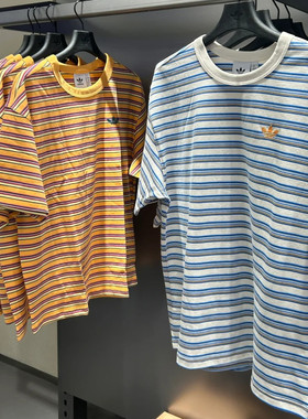 Adidas三叶草25年夏季男女刺绣logo条纹运动短袖T恤KB8355 KB8356