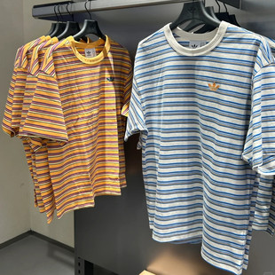 Adidas三叶草25年夏季男女刺绣logo条纹运动短袖T恤KB8355 KB8356