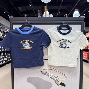 正品CONVERSE匡威 全棉猫咪短款短袖修身辣妹女T恤WCJ653-BFK-W2Y