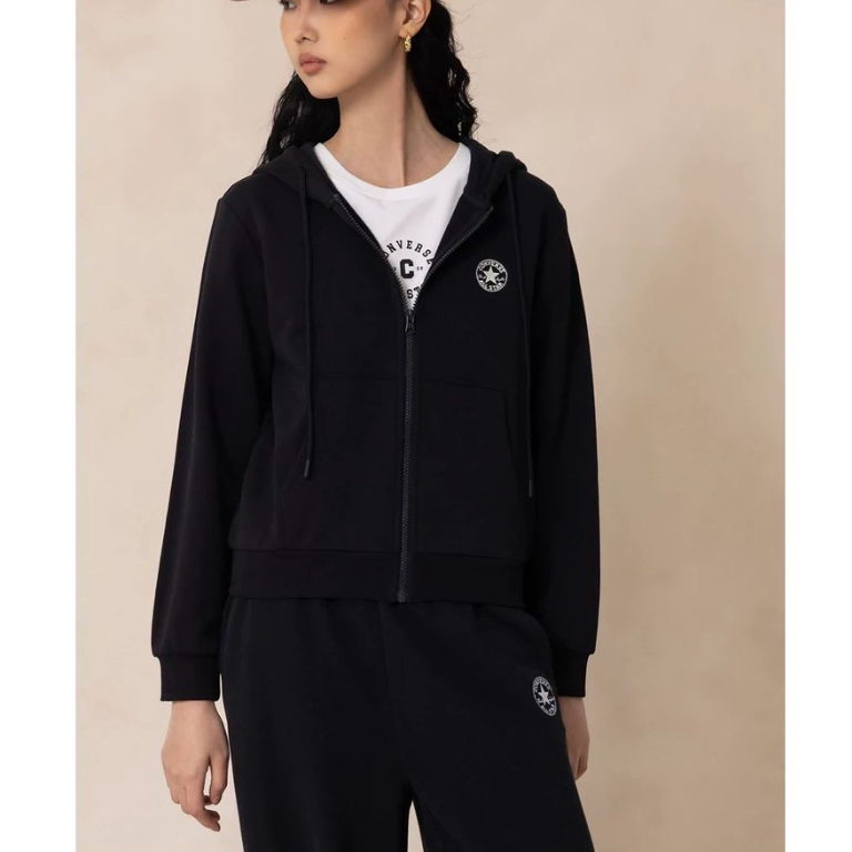 匡威女款黑色全棉连帽拉链卫衣