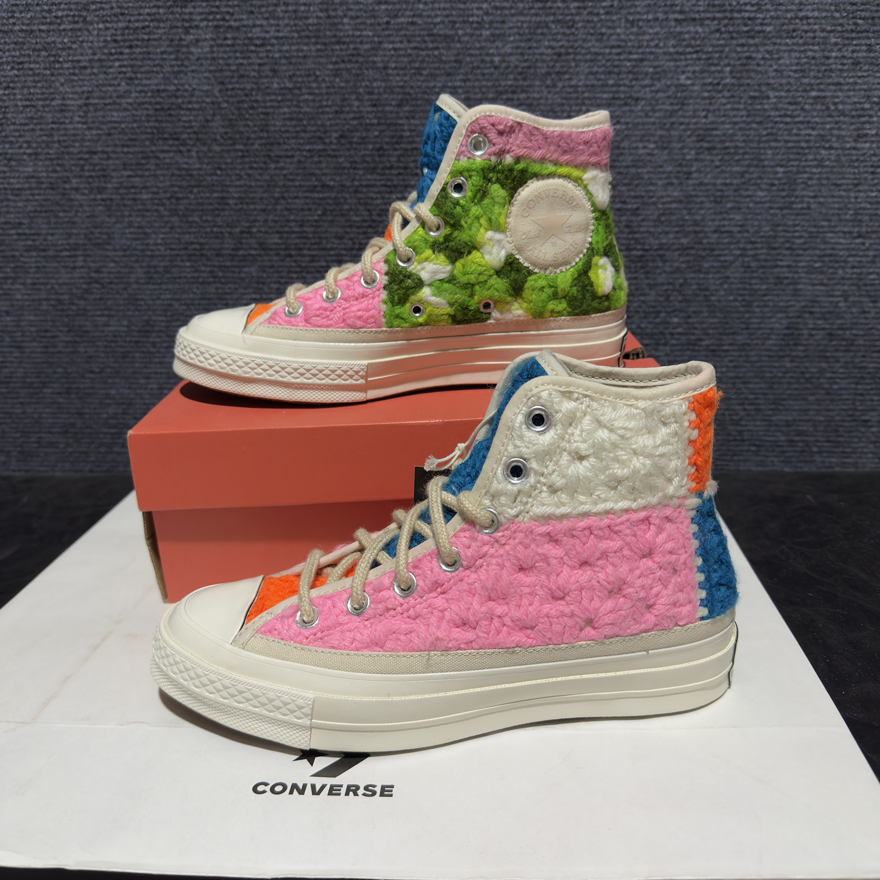 正品converse匡威 1970S毛线编织粉绿蓝橘拼色高帮帆布鞋 A09229C