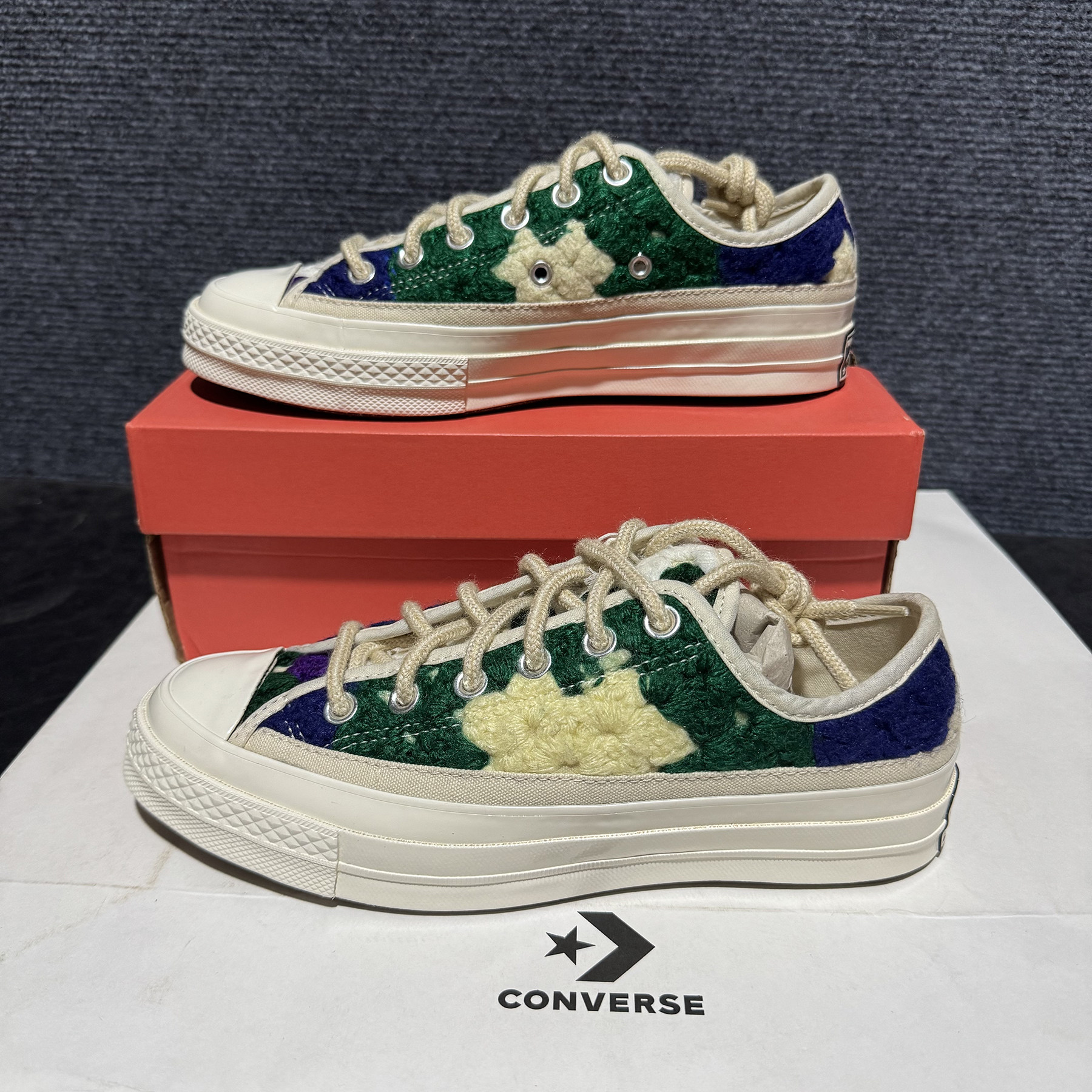 正品converse匡威 1970S毛线编织绿蓝黄拼色低帮帆布鞋 A09229C