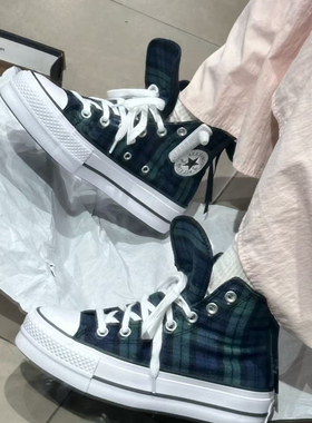 正品Converse匡威 蓝绿格子蝴蝶结lift厚底增高高帮帆布鞋A13879C