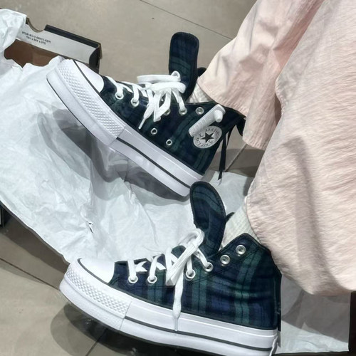 匡威蓝绿格子厚底增高帆布鞋