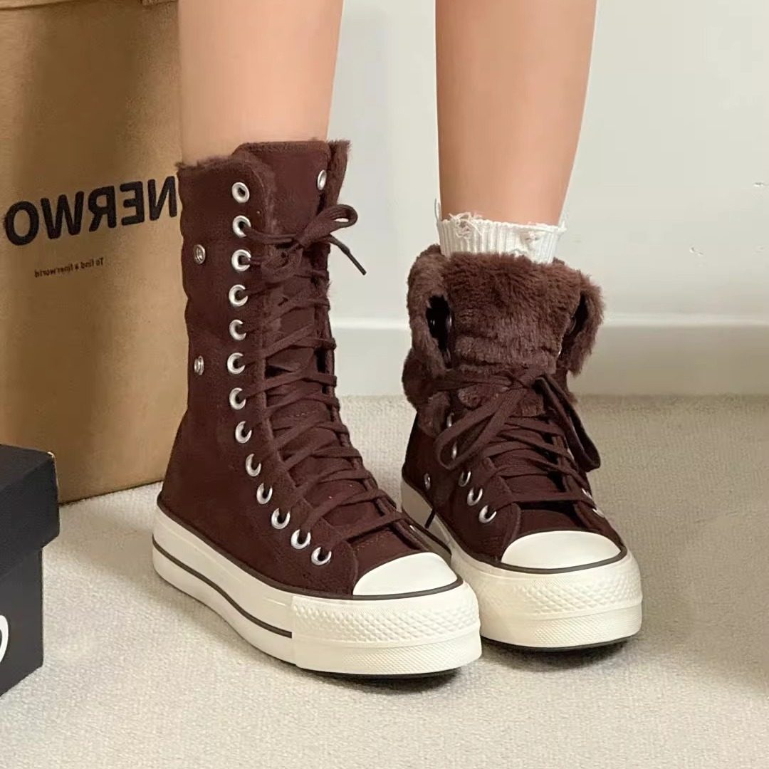 CONVERSE匡威All Star秋冬厚底加绒翻毛皮靴子A15229C A15230C