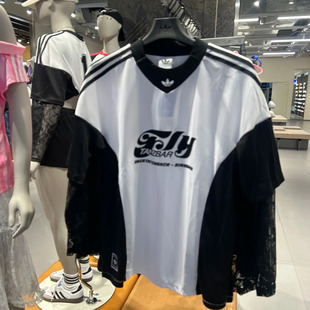 Adidas三叶草女子美式复古拼接撞色V领上衣蕾丝长袖运动T恤KD2297