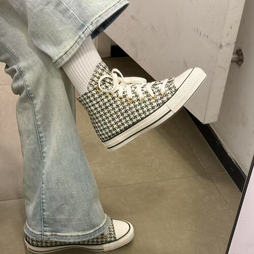 匡威Converse新款女子新款高帮千鸟格刺绣百搭休闲帆布鞋A12498C