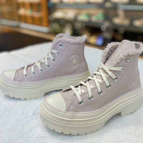 正品converse匡威 2024冬女款浅粉色厚底增高加绒保暖鞋 A09346C