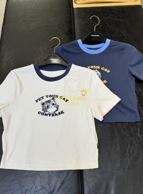 正品converse匡威 女子短款可爱猫咪印花撞色短袖T恤10027951-A01