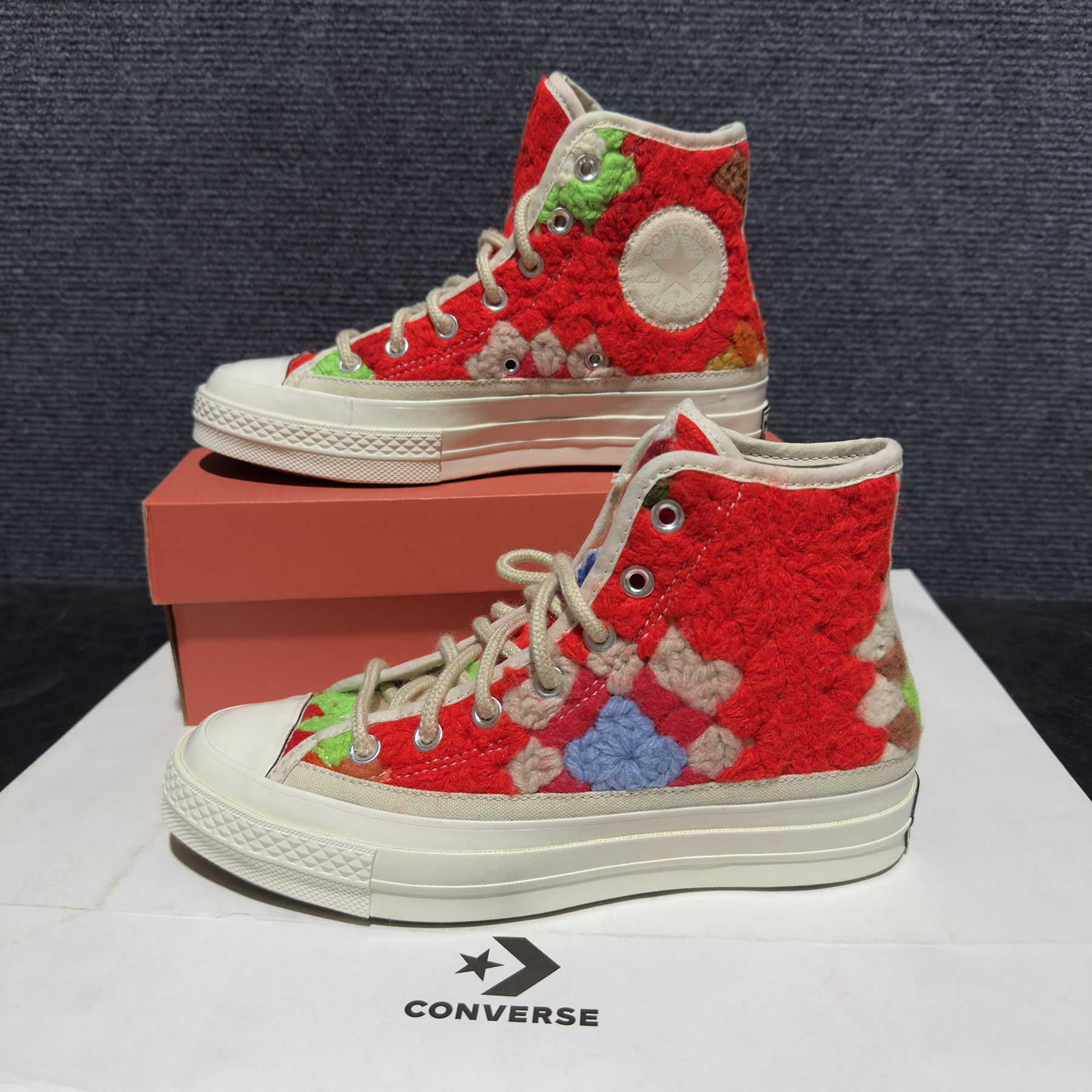 正品converse匡威 1970S毛线编织红蓝绿拼色高帮帆布鞋 A09229C